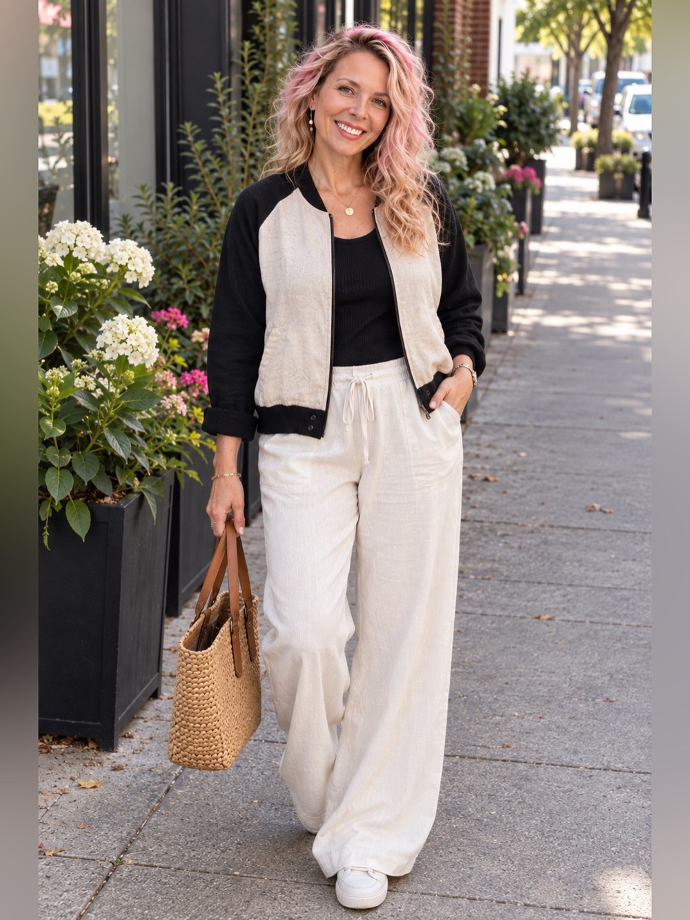 Just Living Linen Blend Bomber Jacket Coastal Quiet Luxury Black White L